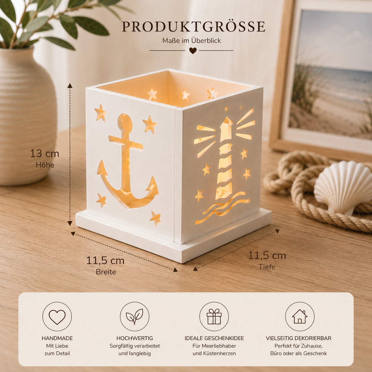 Maßgrafik Deko-Laterne mit Anker- und Leuchtturm-Motiv: 13 cm Höhe