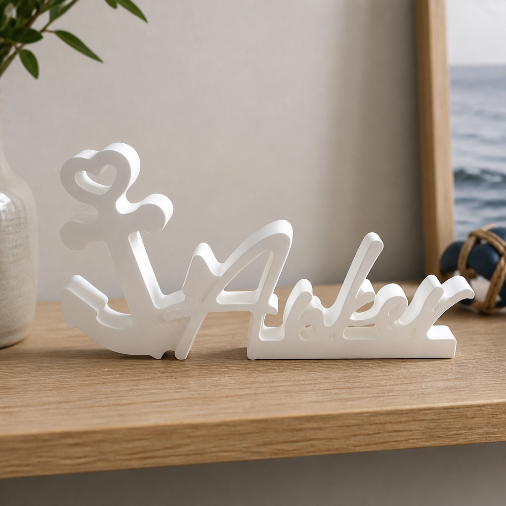 Weißer Deko-Schriftzug „Anker“ aus Dekogips mit Anker-Symbol und Herz-Öse, auf Holzregal vor Fenster mit Meerblick