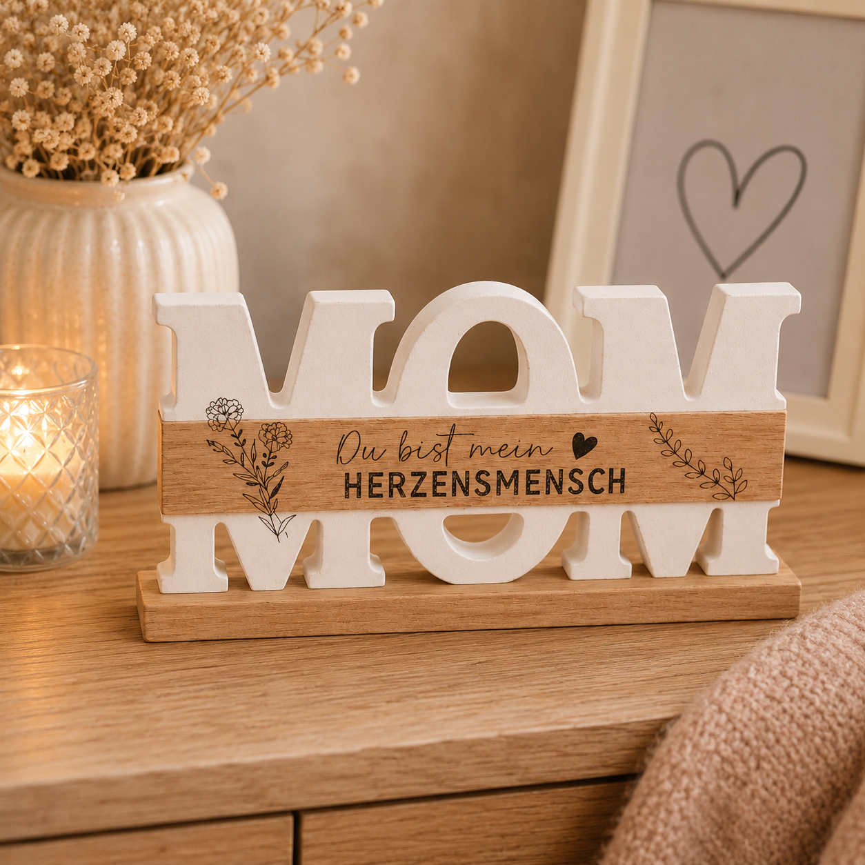 Dekoschriftzug „MOM“ mit Herzbotschaft