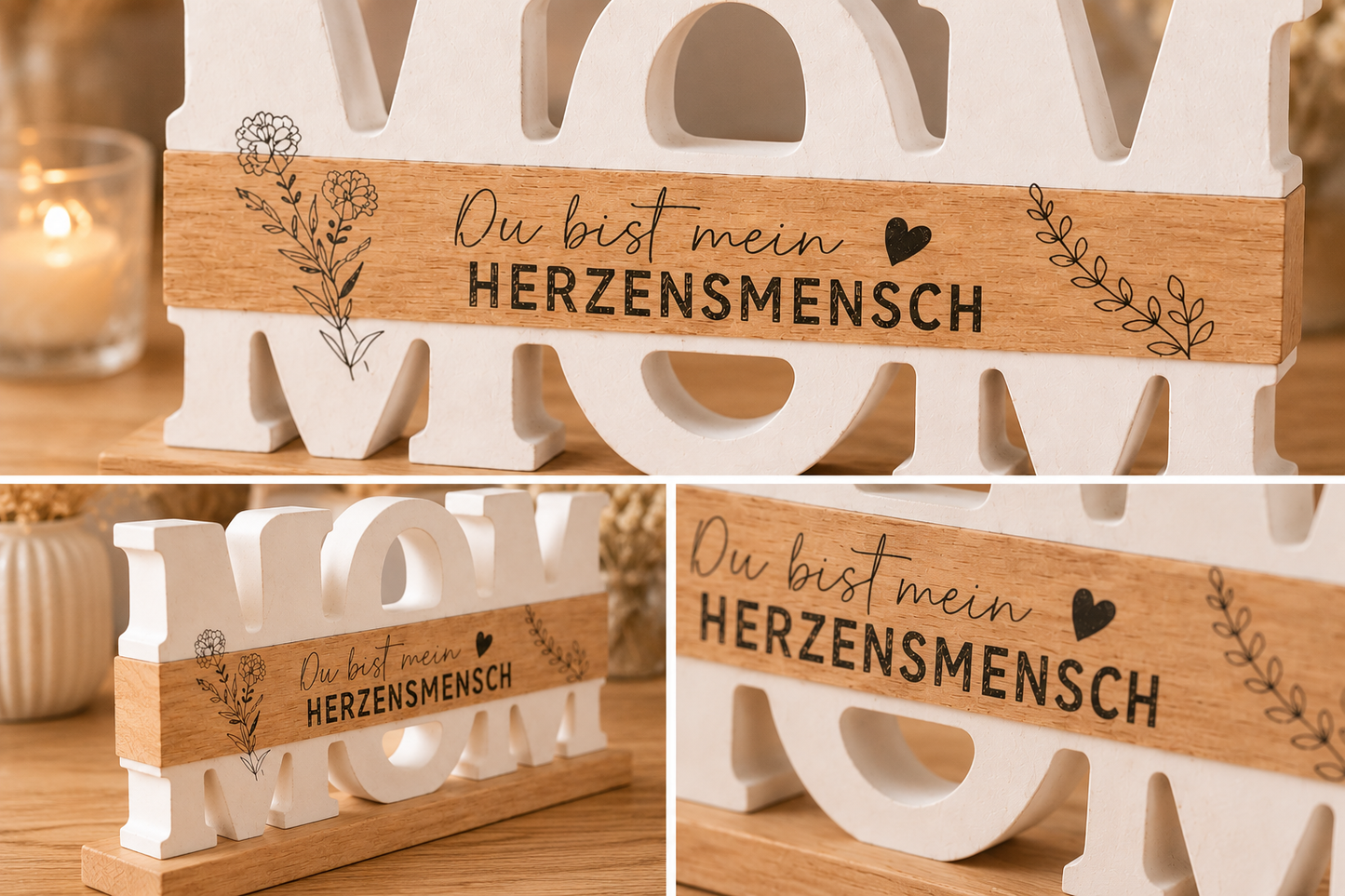 Dekoschriftzug „MOM“ mit Herzbotschaft