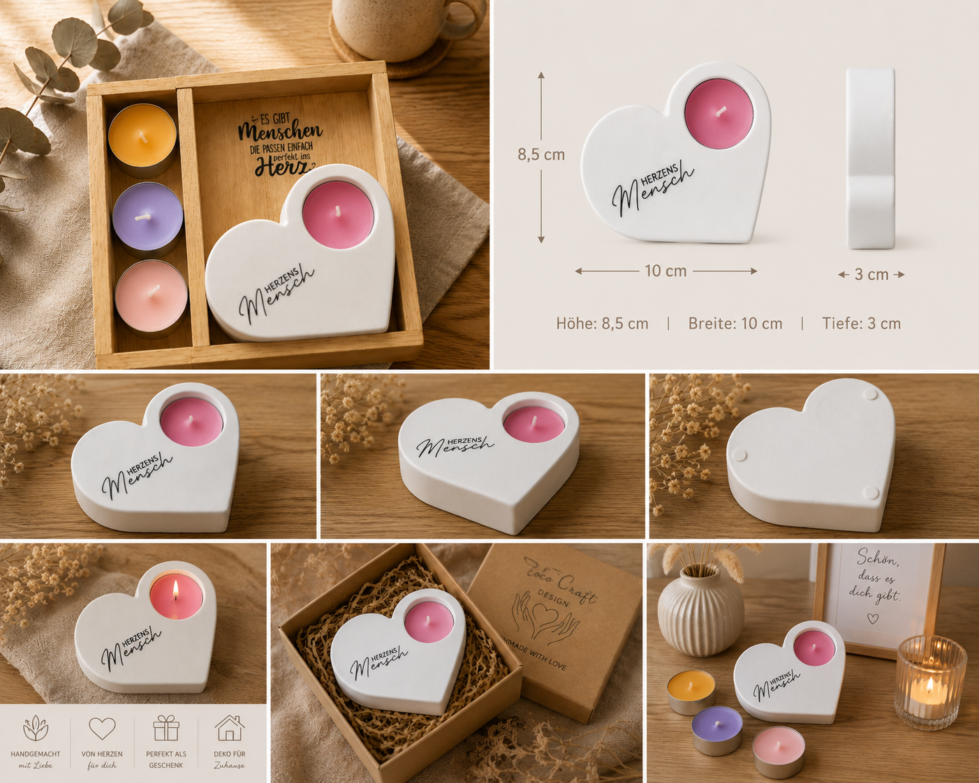 Teelichthalter Herz „Herzensmensch“ aus Dekogips – Geschenk mit Herz