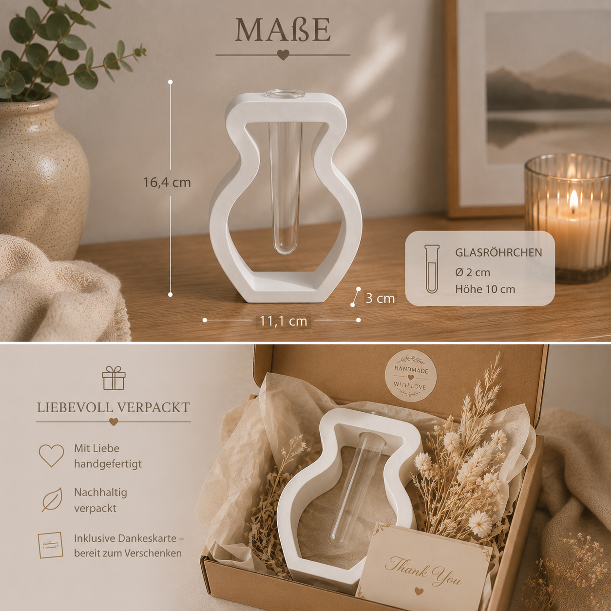 Geometrische Vase mit Glasröhrchen – Moderne Eleganz für Dein Zuhause aus Dekogips
