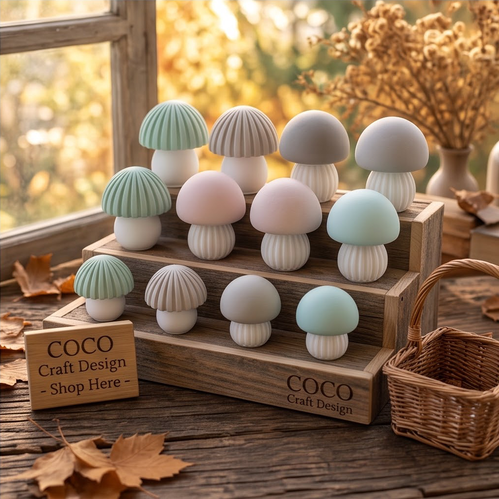 Zwölf Deko-Pilze aus Dekogips in Pastellfarben, aufgereiht auf Holz-Stufenregal mit Coco Craft Design Schild, am Fenster mit Herbstlaub und Korb