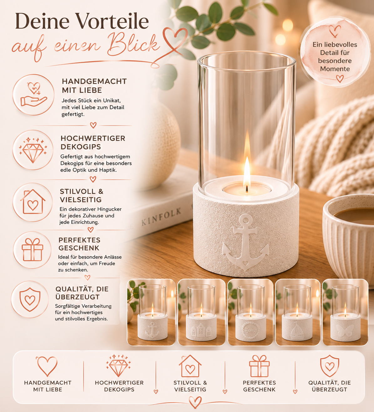 Vorteile-Grafik Teelichthalter-Set aus Dekogips: handgemacht, hochwertig, vielseitig, als Geschenk geeignet